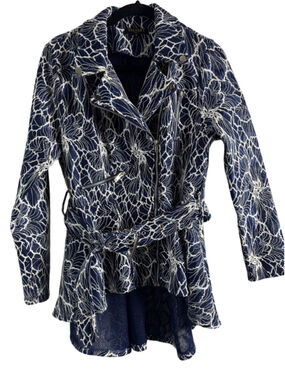 VALIANT PARIS Blue & White Lace Moto Jacket size Medium